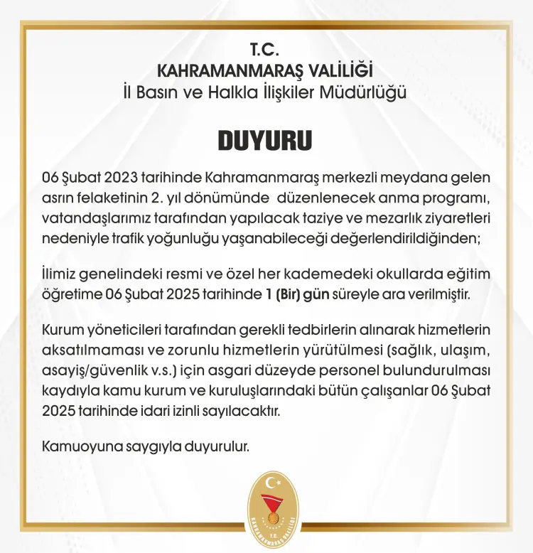 6 Şubat tatiline Kahramanmaraş ile Malatya da dahil oldu güncel haberi